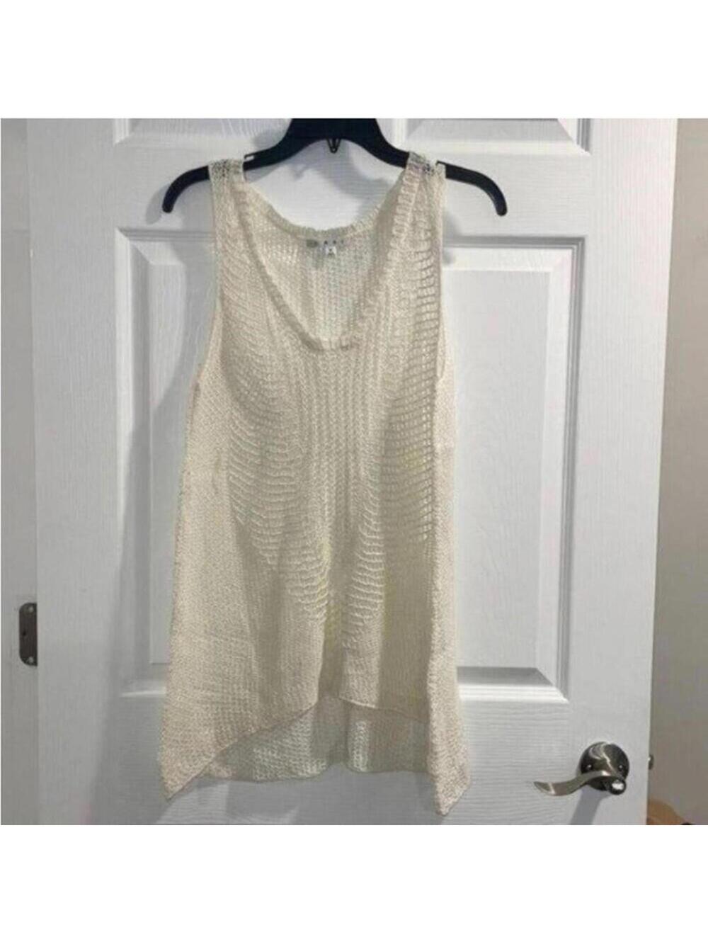 Cabi Cream 100% Linen Crochet See Through Long Line Laganlook Tank Top boho